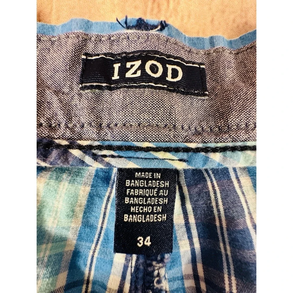 Izod Chino Shorts Men Size 34 x 10 Blue Plaid Cotton Logo Pockets Golf